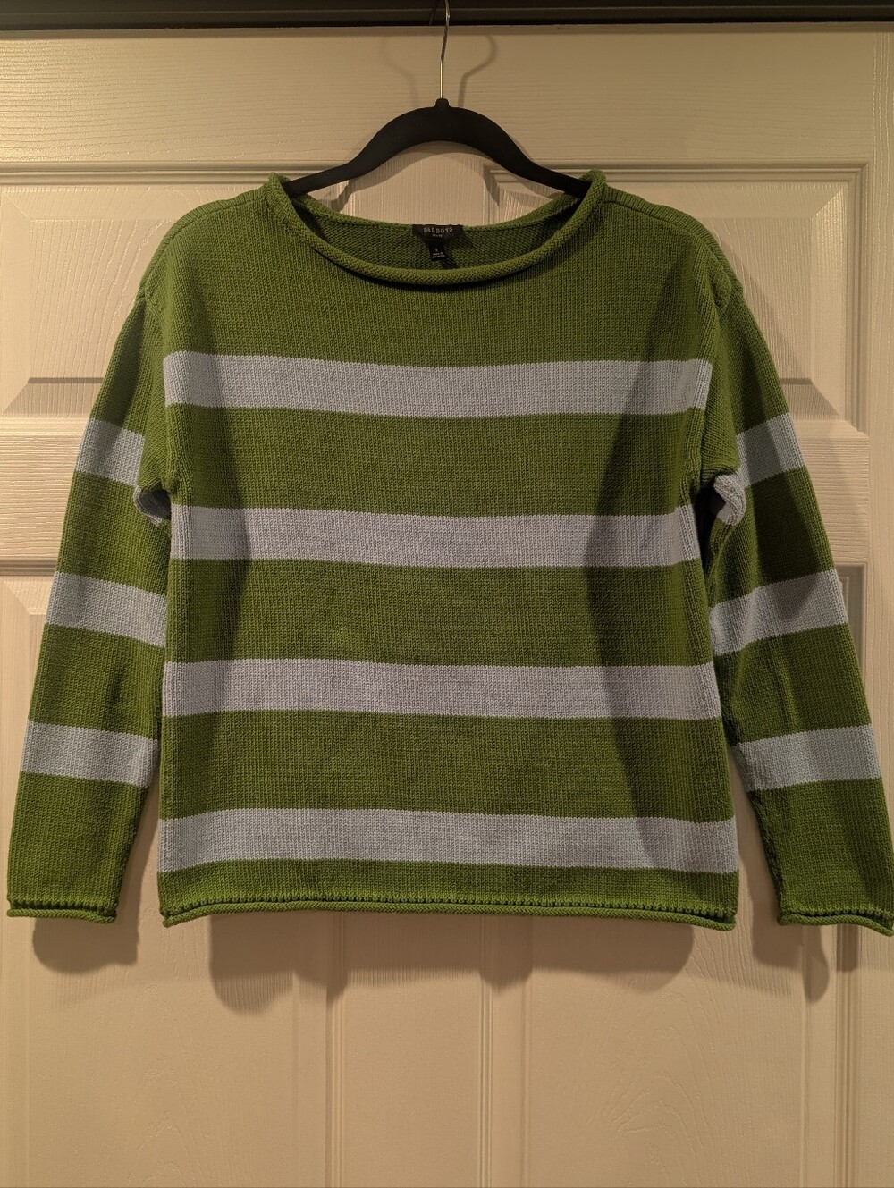 Talbots Green and Light Gray Striped Crewneck Sweater 100% Cotton